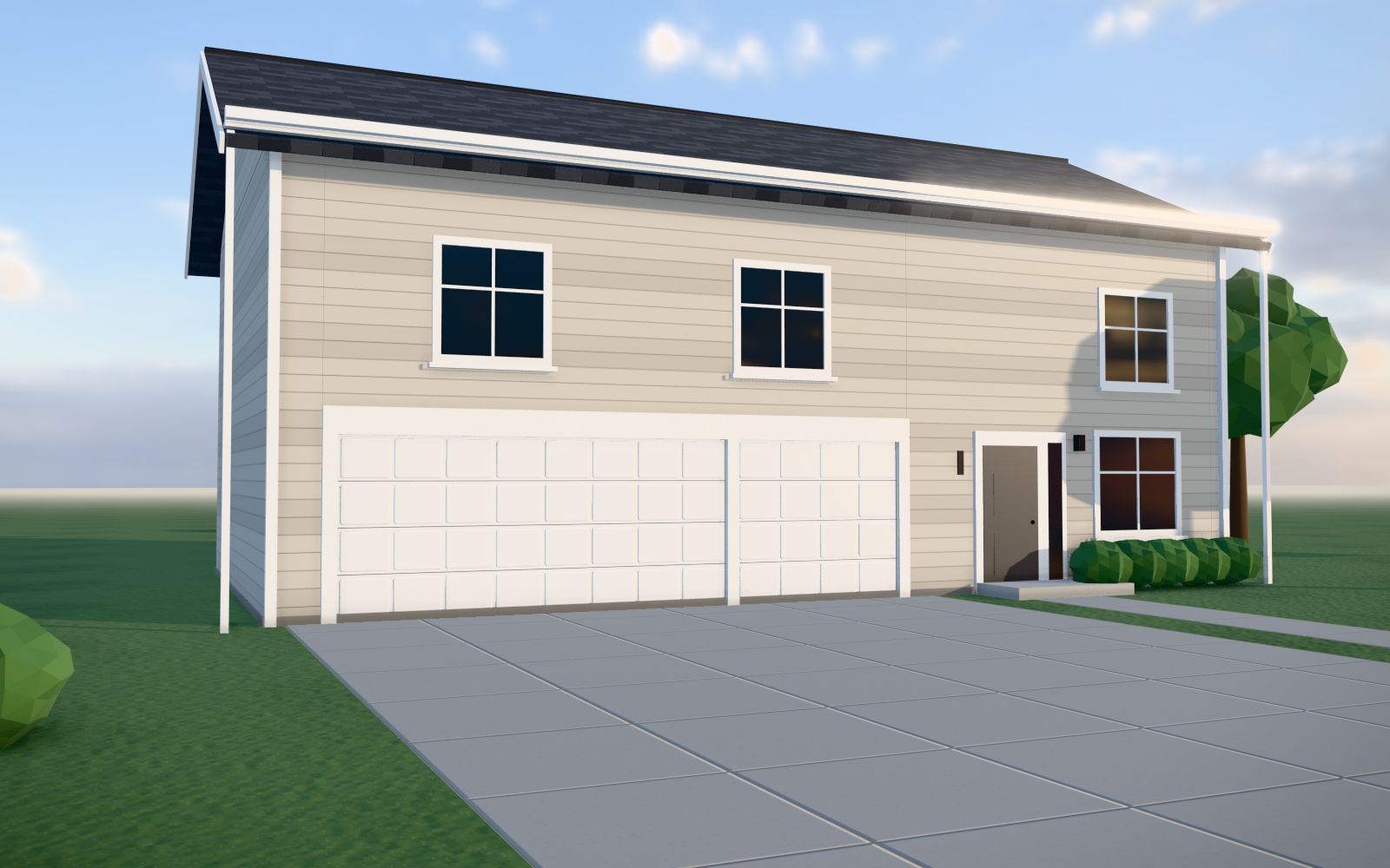 A house with two white insulated sectional garage doors, shown in the Garage Doorman door designer